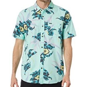 Volcom Men’s Teal Floral Island Time Classic Fit Short Sleeve Pocket Shirt | XL